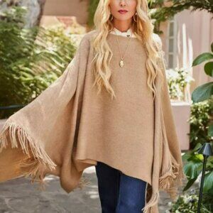 SHIRALEAH ROWAN KNIT PONCHO SHAWL, CAMEL New